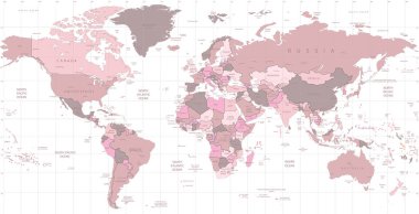 Pembe dünya haritasında ülkelerin ve başkentlerinin isimleri var. Vektör illüstrasyonu.