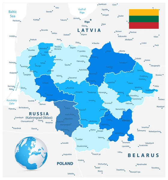 Mapa Administrativo Lituania Colores Azules Ilustración Vectorial Detallada Lituania Mapa — Vector de stock