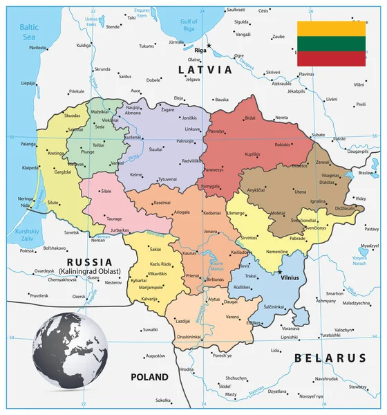 Litauens Administrativa Karta Detaljerad Vektorillustration Litauens Karta — Stock vektor