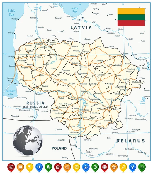 Lituania Mapa Carreteras Iconos Del Mapa Ilustración Vectorial — Vector de stock