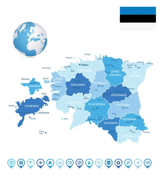 Estland Blauwe Kleur Kaart Kaart Pictogrammen Vectorillustratie — Stockvector