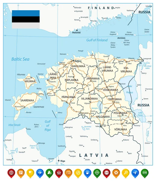 Οδικός Χάρτης Εσθονίας Εικονογράφηση Διανύσματος — Διανυσματικό Αρχείο