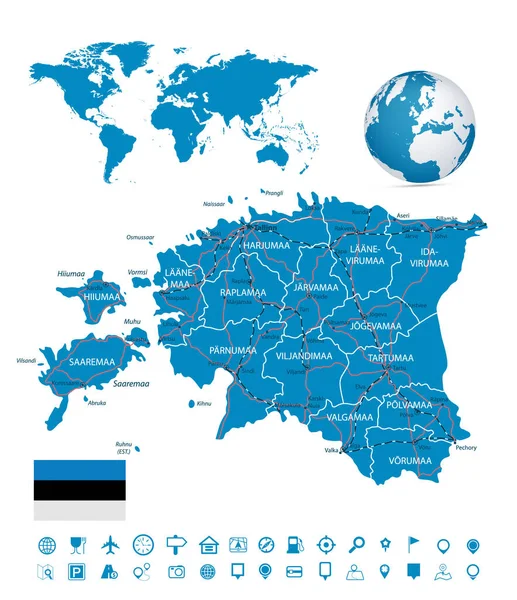 Estónia Mapa Mapa Conjunto Navegação Mapa Detalhado Estónia Ilustração Vetorial — Vetor de Stock