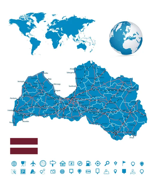 Letónia Mapa Mapa Conjunto Navegação Mapa Detalhado Letónia Ilustração Vetorial — Vetor de Stock