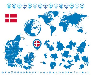 Detailed map of Denmark and regions with navigation set and elements. Vector illustration