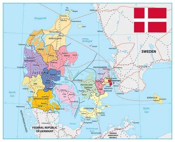 Данія Дуже Детальна Редагована Політична Карта Маркуванням — стоковий вектор