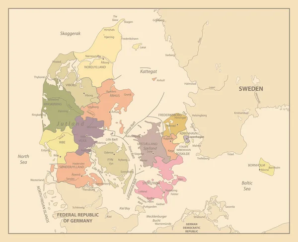 Denmark Old Map Highly Detailed Editable Political Map Labeling — Stock vektor