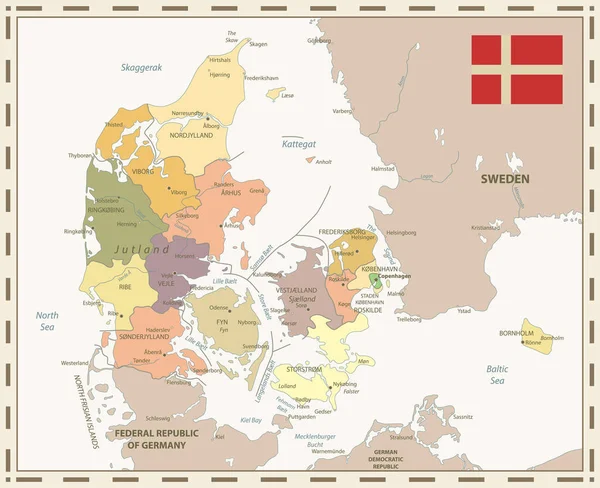 Denmark Vintage Color Map Високо Деталізована Редагована Політична Карта Маркуванням — стоковий вектор