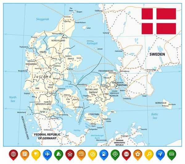 Данська Дорожня Карта Дуже Детальна Редакційна Карта Маркуванням — стоковий вектор