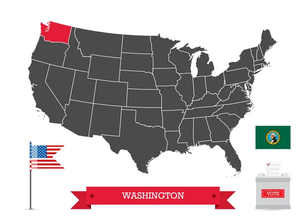 Elezioni Presidenziali Washington Bandiera Stato Urna Silhouette Stati Uniti America — Vettoriale Stock