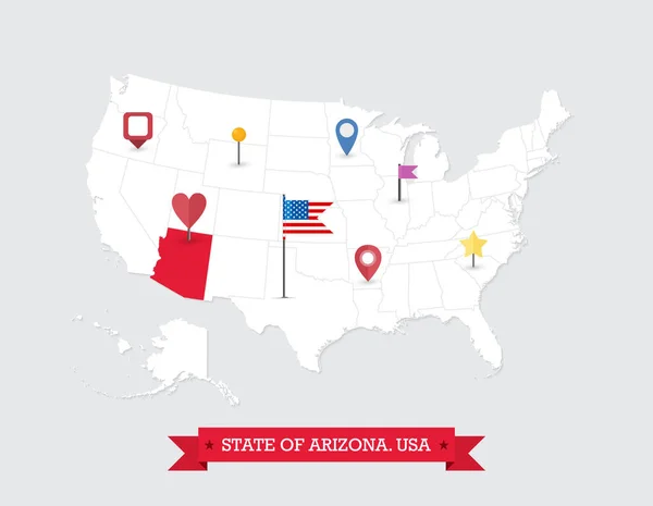 亚利桑那州地图突出显示在美国地图上 美国亚利桑那州的地图 附有国旗和导航图标 — 图库矢量图片