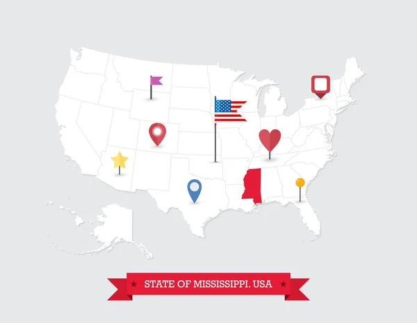 Mississippi State Kaart Gemarkeerd Kaart Van Mississippi Kaart Verenigde Staten — Stockvector