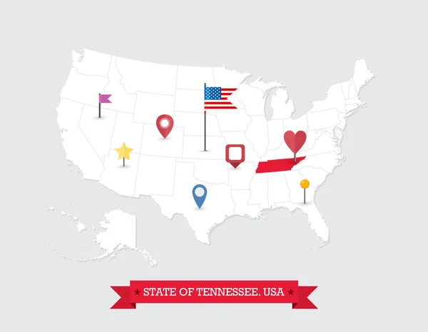 Tennessee State Kaart Gemarkeerd Kaart Van Tennessee Kaart Verenigde Staten — Stockvector