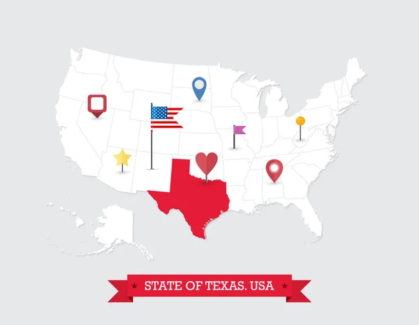 Texas State Kaart Gemarkeerd Usa Kaart Texas Kaart Verenigde Staten — Stockvector