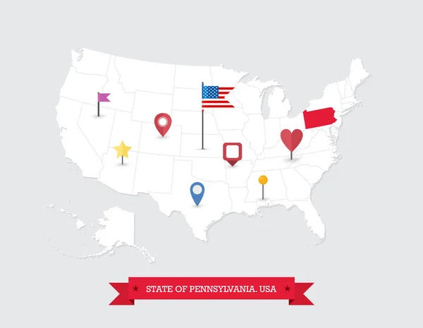 Pennsylvania State Map Gemarkeerd Kaart Van Pennsylvania Kaart Verenigde Staten — Stockvector
