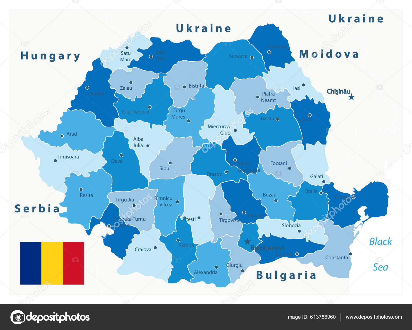 Administratieve Kaart Roemenië Blauwe Kleur Zeer Gedetailleerde ...