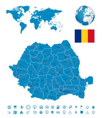Romanya harita ve harita navigasyon seti - Romanya vektör illüstrasyonunun ayrıntılı haritası - Tüm unsurlar düzenlenebilir katmanlarla açıkça etiketlenmiş.