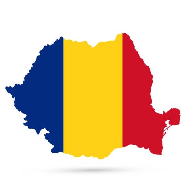 Romanya haritası ulusal bayrak ile renklendirildi ve beyaza izole edildi. Vektör illüstrasyonu.