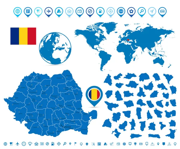 ルーマニアの詳細な地図とナビゲーションセットと要素を持つ地域 ベクターイラスト — ストックベクタ