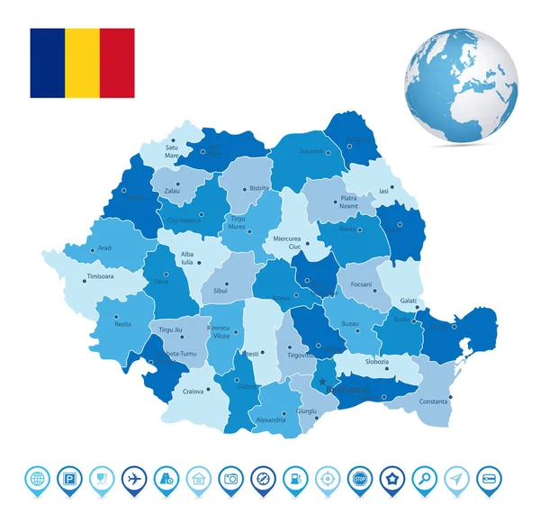 Roménia Mapa Cor Azul Ícones Mapa Ilustração Vetorial — Vetor de Stock