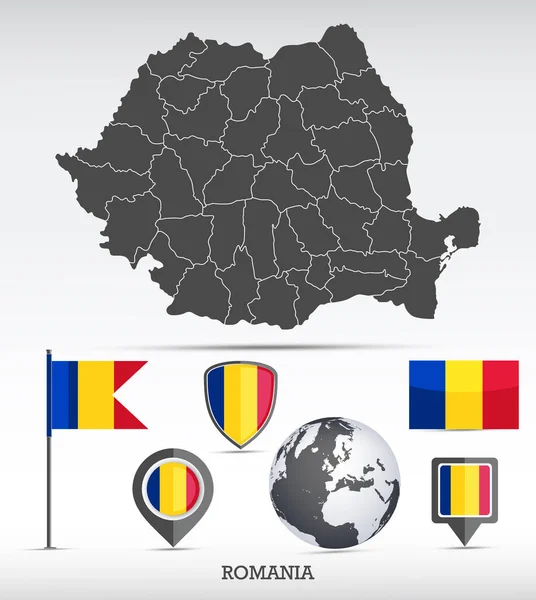 Rumania Mapa Conjunto Bandera Forma Detallada Del País Con Fronteras — Vector de stock