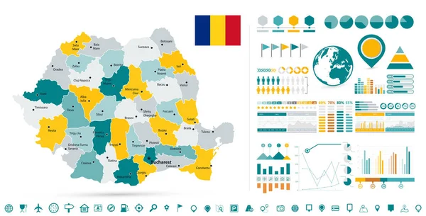 Roemenië Kaart Infographic Design Elementen Business Template Platte Stijl Voor — Stockvector