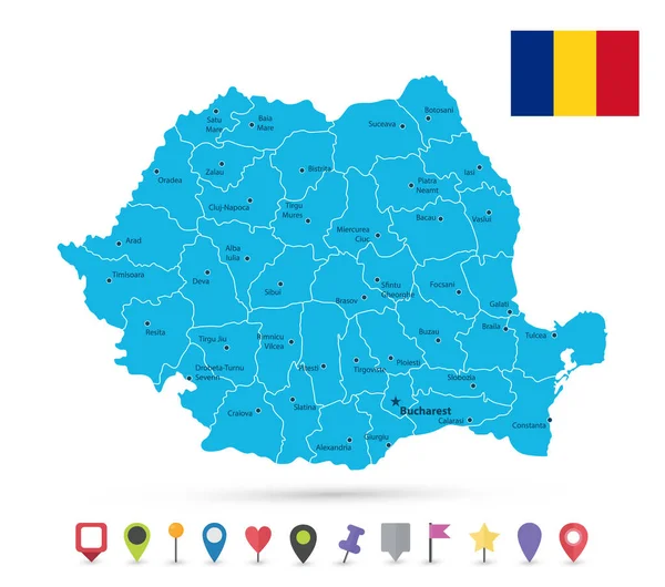 Roemenië Kaart Plattegrond Pictogrammen Gedetailleerde Kaart Vector Illustratie Alle Elementen — Stockvector