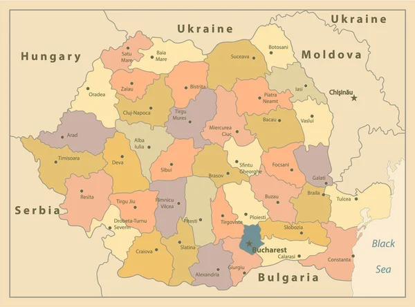Rumänien Politisk Karta Gamla Färger Mycket Detaljerad Redigerbar Politisk Karta — Stock vektor