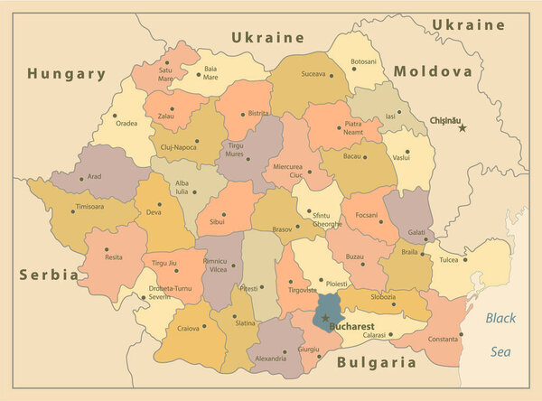 Romania Political Map Old Colors - Highly detailed editable political map with labeling