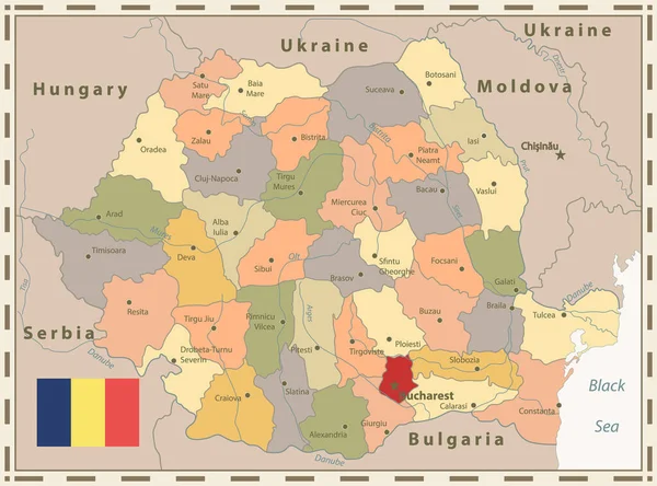 Rumänien Politisk Karta Retro Colors Mycket Detaljerad Redigerbar Politisk Karta — Stock vektor