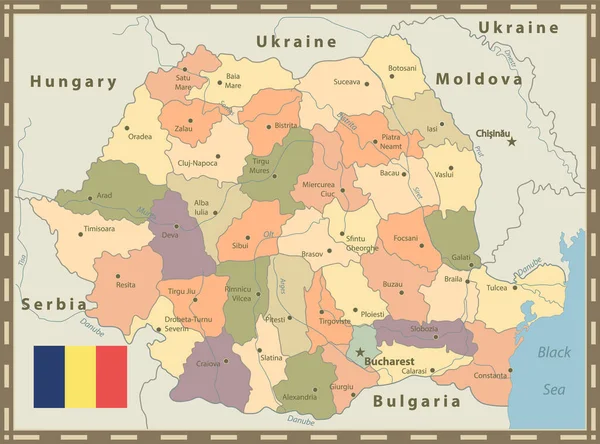 Rumänien Politisk Karta Vintage Color Mycket Detaljerad Redigerbar Politisk Karta — Stock vektor