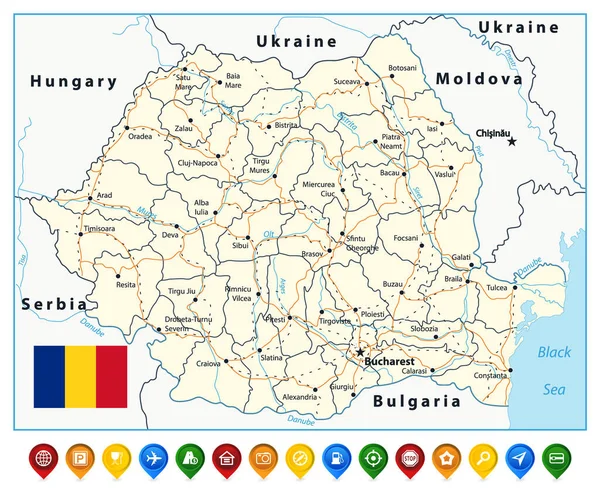 Roemenië Routekaart Zeer Gedetailleerde Bewerkbare Politieke Kaart Met Etikettering — Stockvector