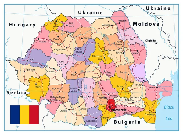 Roemenië Zeer Gedetailleerde Bewerkbare Politieke Kaart Met Etikettering — Stockvector