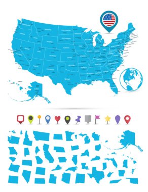 Bu devletler ve üzerinde beyaz izole düz harita işaretçiler ile ABD Haritası.