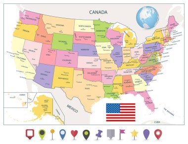 Alaska ve Hawaii ve düz harita işaretçiler de dahil olmak üzere ABD ayrıntılı siyasi Haritası.