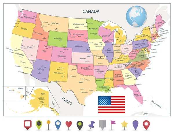 アラスカとハワイと平らな地図のポインターを含むアメリカの政治地図 — ストックベクタ