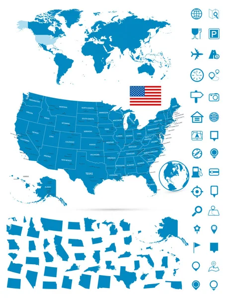 Detaillierte Karte Der Usa Und Weltkarte Navigationsset Vektorillustration — Stockvektor