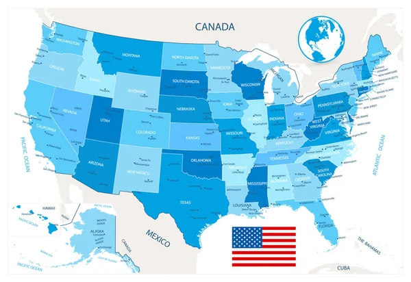 Mapa Altamente Detalhado Dos Eua Isolado Branco Cores Azuis Mapa —  Vetores de Stock