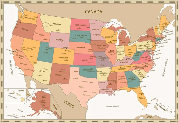 アメリカ合衆国の古いレトロなカラーマップ 高度に詳細な編集可能な政治地図 — ストックベクタ