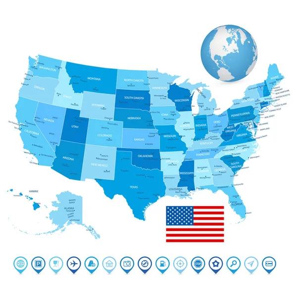 Usa Iconos Mapa Mapa Color Azul Ilustración Vectorial — Vector de stock