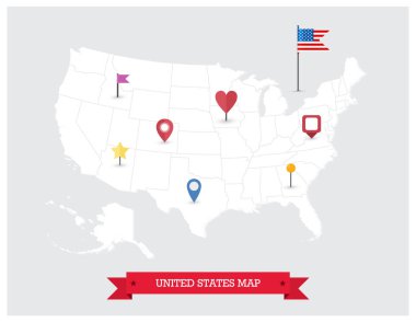 3D ABD haritası ve harita simgeleri. Bayrak ve yön bulma simgelerine sahip ABD haritası.