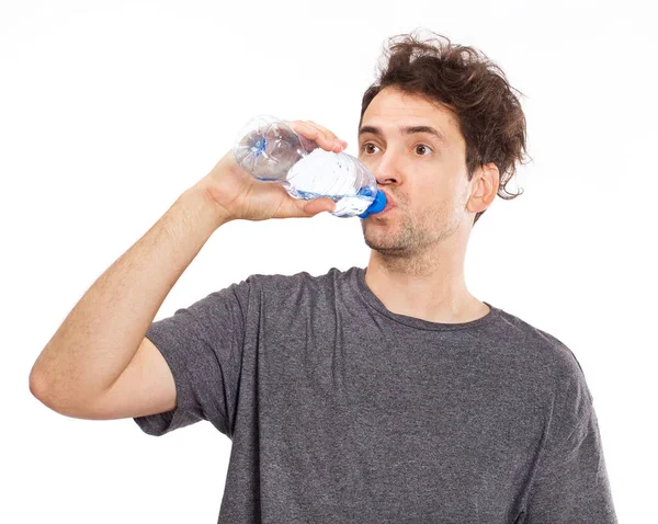 Retrato Hombre Guapo Bebiendo Agua Aislado Sobre Blanco — Foto de Stock