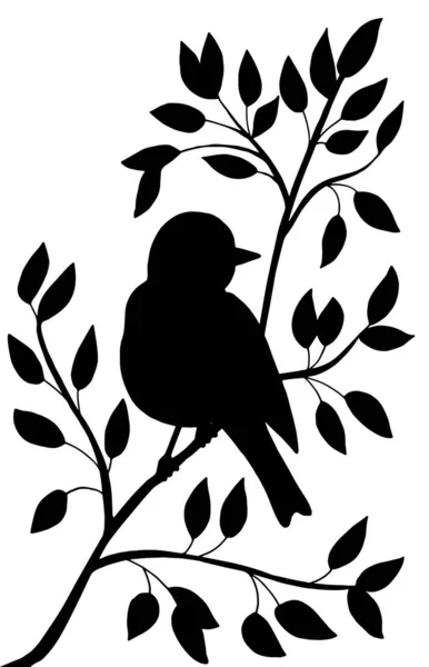 Векторна Вертикальна Картина Чорним Силуетом Птаха Гілці Білому Тлі — стоковий вектор