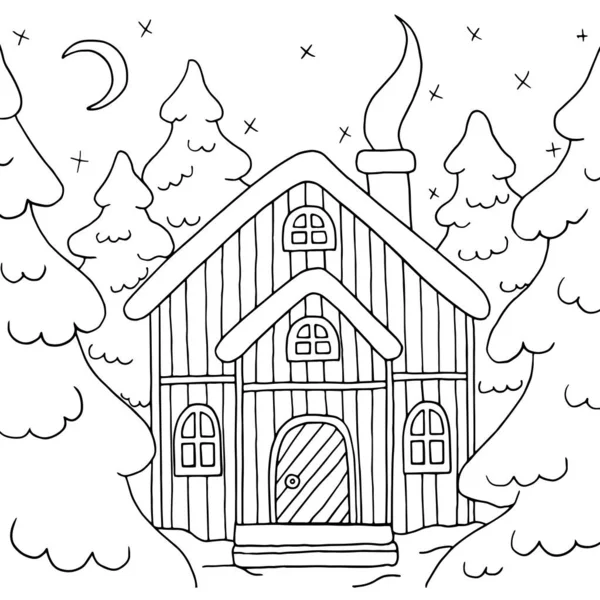 Vánoční Dům Zimním Lese Obklopený Zasněženými Jedlemi Omalovánky Vektorová Ilustrace — Stockový vektor