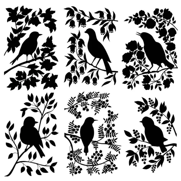 Векторный Набор Черных Силуэтов Певчих Птиц Ветвях Листьями Цветами — стоковый вектор