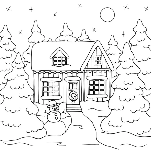 Casa Natale Nella Foresta Invernale Abeti Pupazzo Neve Pagina Colorare — Vettoriale Stock