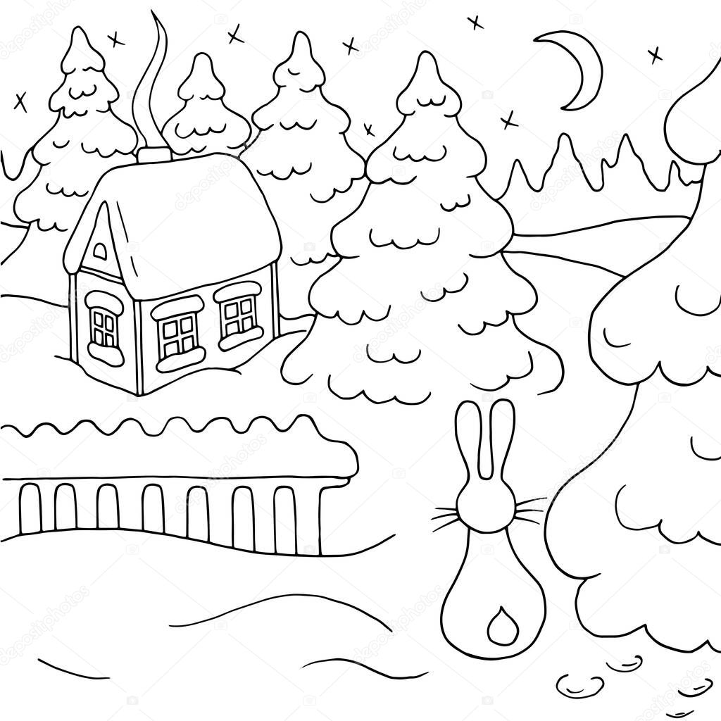 Christmas house in the winter forest, fir trees and a hare, coloring page. Vector illustration