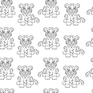 Şirin kaplanlarla vektörsüz desen, eşzamanlama sayfası, paketleme tasarımı, kapaklar, kitap tasarımı