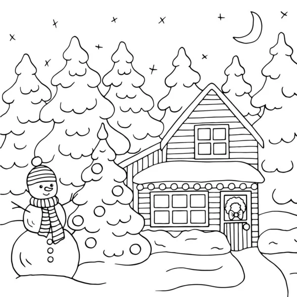 Christmas House Winter Forest Fir Trees Snowman Coloring Page Vector — Stock Vector