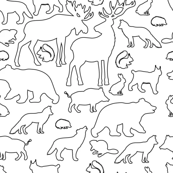 森の動物の輪郭とベクトルシームレスなパターン 子供と大人のための着色ページ — ストックベクタ
